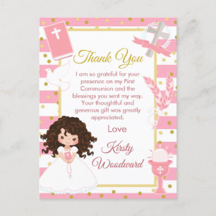 Pink Brunette Hair Girl First Communion Thank You Postcard