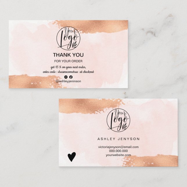 Pink brush rose gold brush logo order thank you business card (Front/Back)