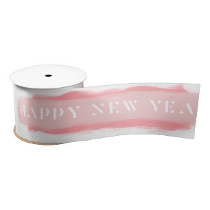 Pink Brush stroke Modern Happy New Year Satin Ribbon