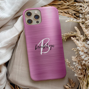 Pink Brushed Metal Black White Script Monogram  iPhone 15 Case