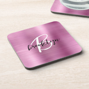 Pink Brushed Metal Black White Script Monogram  Coaster