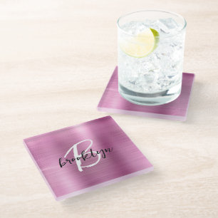Pink Brushed Metal Black White Script Monogram  Glass Coaster