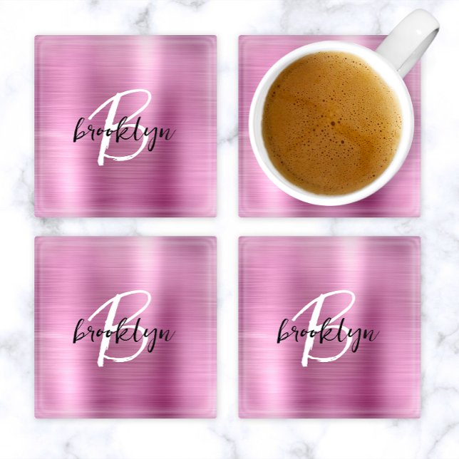 Pink Brushed Metal Black White Script Monogram  Glass Coaster (Creator Uploaded)