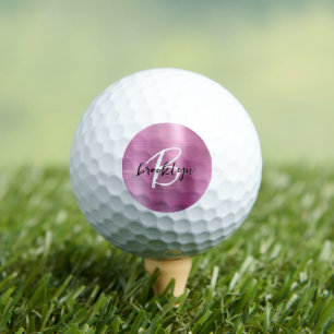 Pink Brushed Metal Black White Script Monogram  Golf Balls