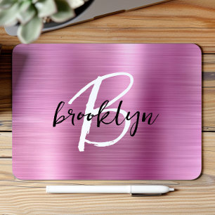 Pink Brushed Metal Black White Script Monogram Mouse Pad