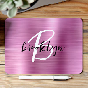 Pink Brushed Metal Black White Script Monogram  Mouse Pad