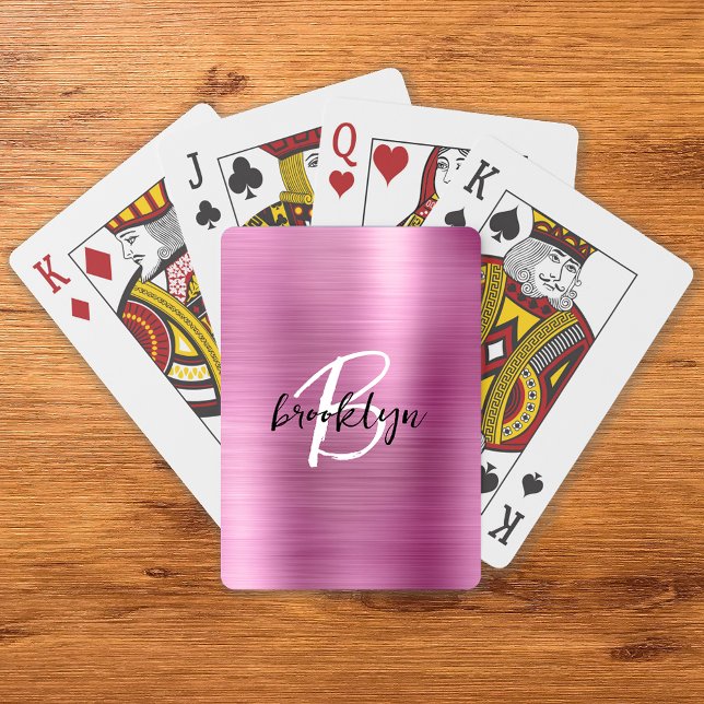 Pink Brushed Metal Black White Script Monogram  Playing Cards (Creator Uploaded)