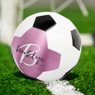 Pink Brushed Metal Black White Script Monogram  Soccer Ball
