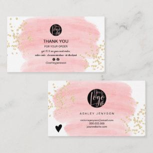 Pink brushstroke gold glitter logo order thank you business card