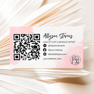 Pink brushstroke hair makeup photo logo qr code business card