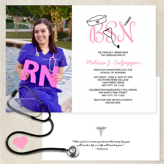 Pink BSN Nurse photo graduation pinning party Invitation (Creator Uploaded)