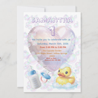 Pink Bubble Duck 1st Birthday Invite