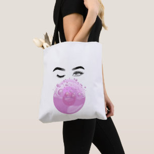 Pink Bubble Gum being Blown By a Female Shopping Tote Bag