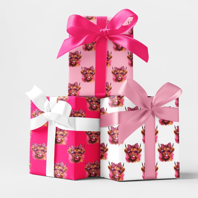 Pink Bubble Gum Highland Cow Multi Wrapping Paper Sheet (Pink Bubble Gum Bubble Highland Cow Gift Wrap
)