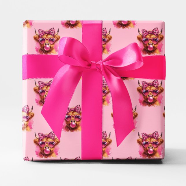 Pink Bubble Gum Highland Cow Wrapping Paper (Pink Bubble Gum Bubble Highland Cow Gift Wrap)