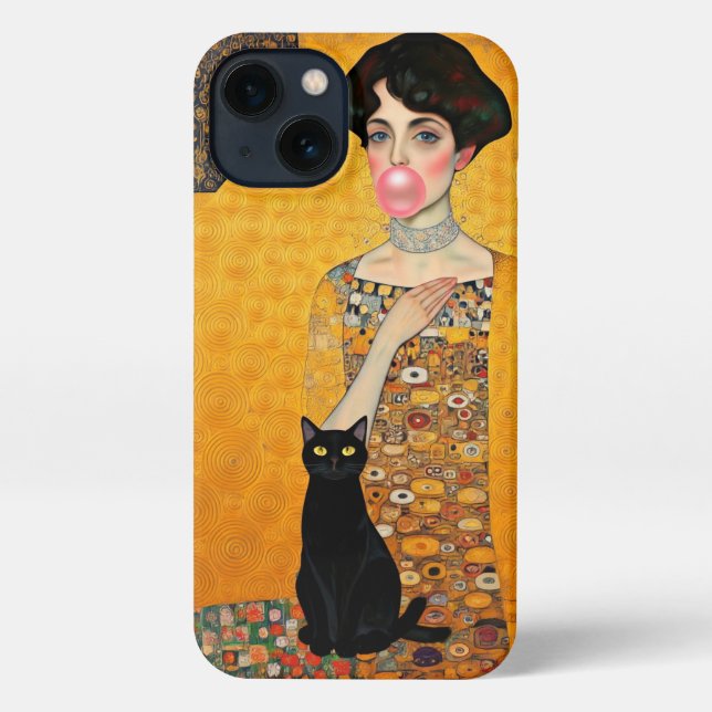 Pink Bubble Gum Lady with Black Cat Gustav Klimt iPhone Case (Back)