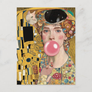 Pink Bubble Gum Lady with Gustav Klimt Cat Art Postcard