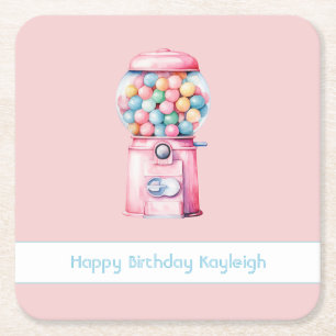 Pink Bubble Gum Whimsical Birthday Square Paper Coaster
