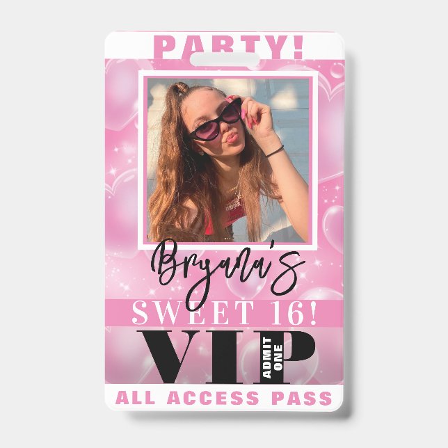 Pink Bubble Hearts Birthday Party VIP Pass Badge ID Badge (Front)