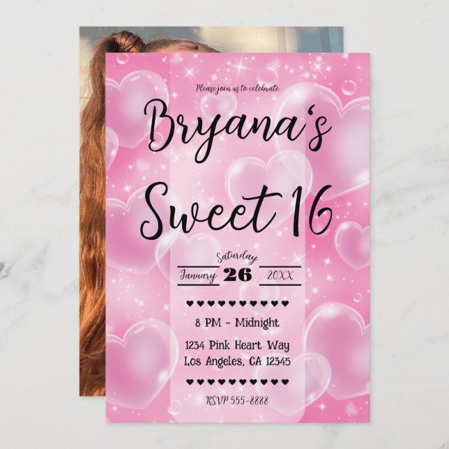 Pink Bubble Hearts Cute Girly 90's Birthday Party Invitation (Front/Back)