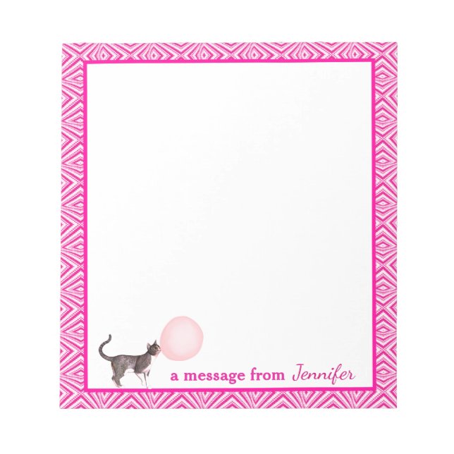 Pink Bubblegum Cat with Geometric Border Message Notepad (Front)