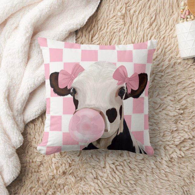Pink Bubblegum Cow Chequerboard Pattern Background Cushion (Blanket)