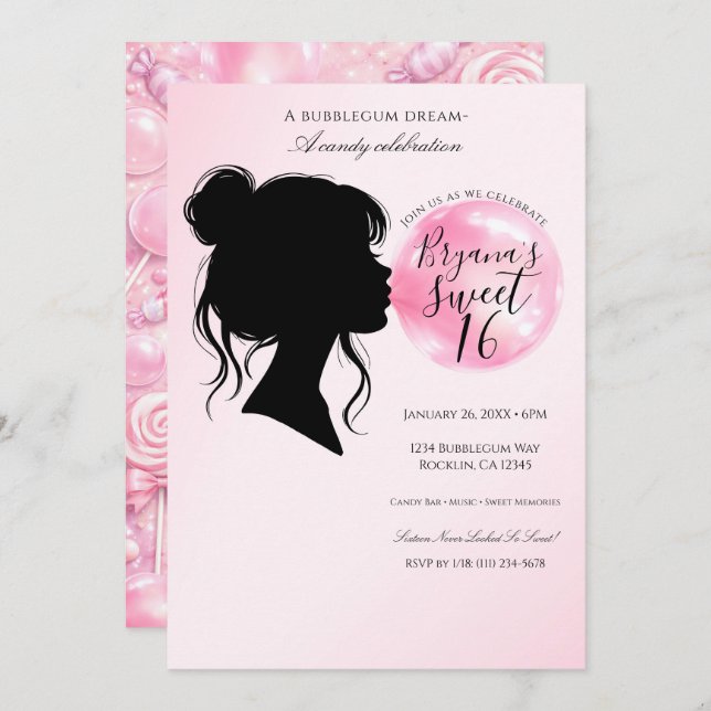 Pink Bubblegum Dream Candy Sweet 16 Celebration   Invitation (Front/Back)