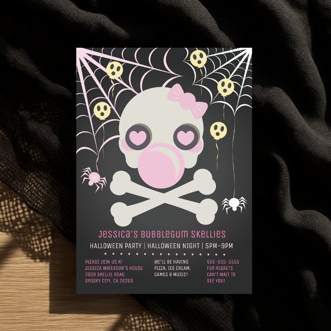 Pink Bubblegum Skellies Halloween Skeleton Party Invitation (Pink Bubblegum Skellies Halloween Skeleton Party)