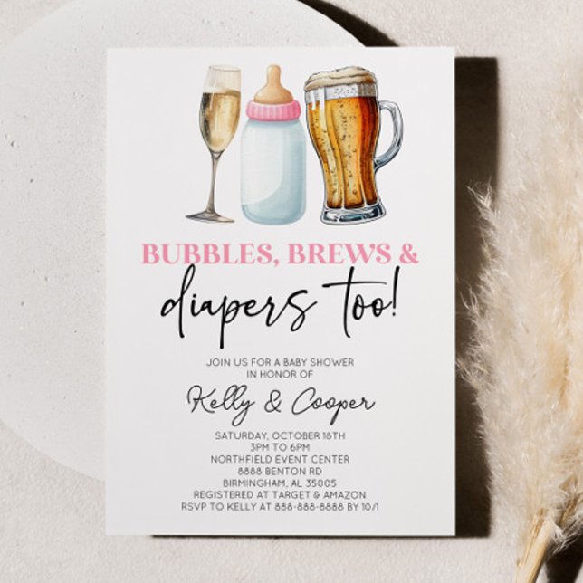 Pink Bubbles Brews and Diapers Too! Baby Shower Invitation (Creator Uploaded)