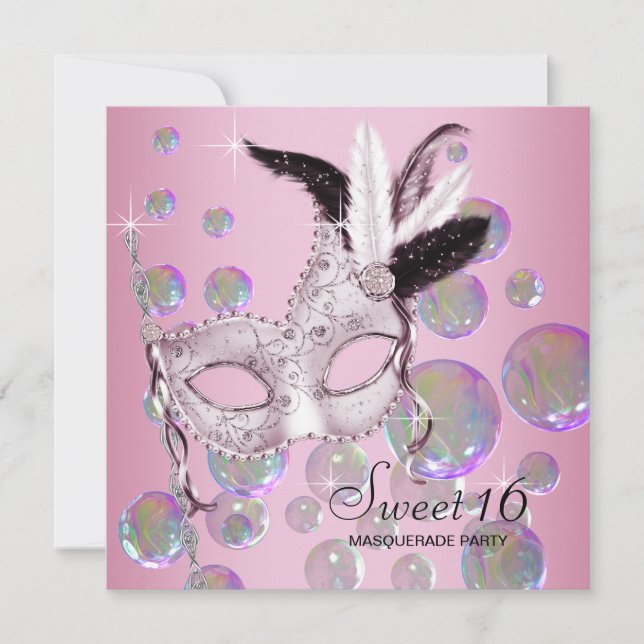 Pink Bubbles Sweet Sixteen Masquerade Party Invitation (Front)