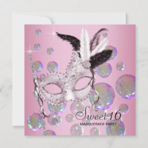 Pink Bubbles Sweet Sixteen Masquerade Party Invitation