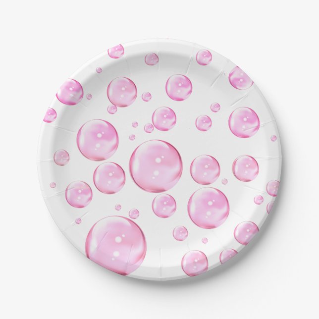 Pink Bubbles White Paper Plate (Front)