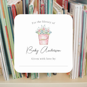 Pink Bucket of Flowers Baby shower bookplate  Square Sticker