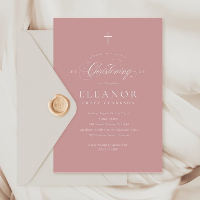 Pink Budget Elegant Cross Calligraphy Christening Invitation (Creator Uploaded)