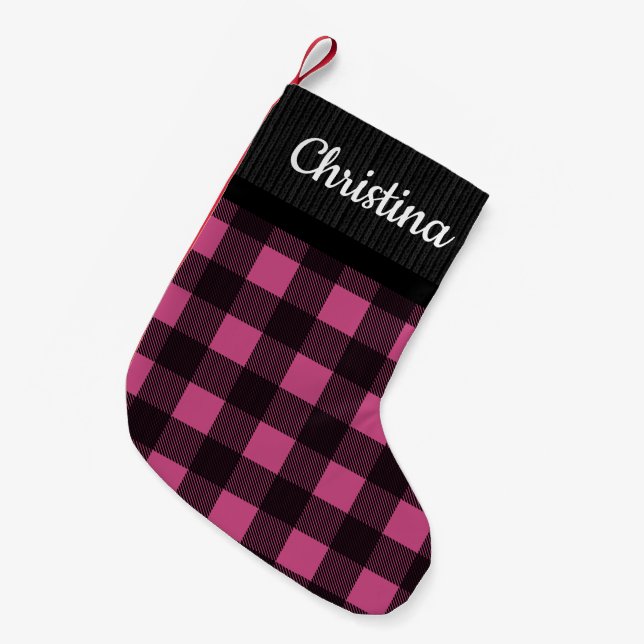 Pink Buffalo Check Sweater Pattern Country Name Small Christmas Stocking (Front (Hanging))