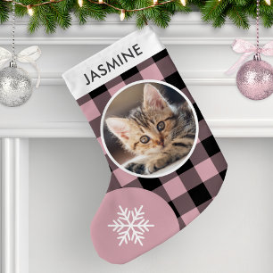 Pink Buffalo Plaid Custom Pet Cat Photo Small Christmas Stocking