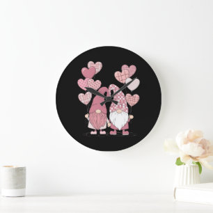 Pink Buffalo Plaid Heart Gnomes Valentine's Day  Large Clock