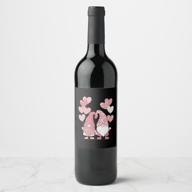 Pink Buffalo Plaid Heart Gnomes Valentine's Day  Wine Label (Front)