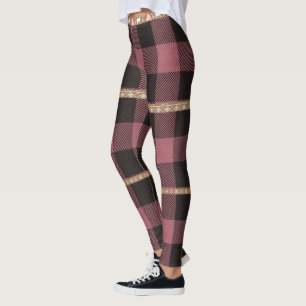 Pink Buffalo Plaid with Nordic Stripes Holiday Leggings