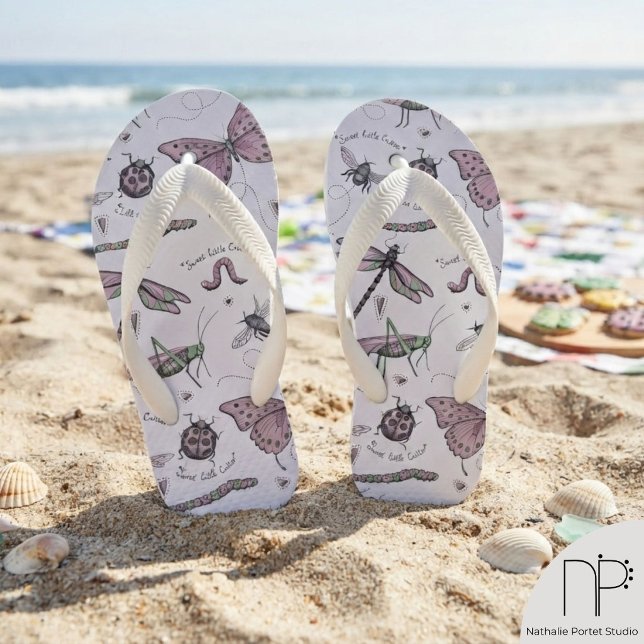 Pink Bug Kids Ladybug Dragonfly Flip Flops  (This Pink Bug Kids Flip Flops Ladybug Dragonfly Shoes feature hand drawn nature ink art)