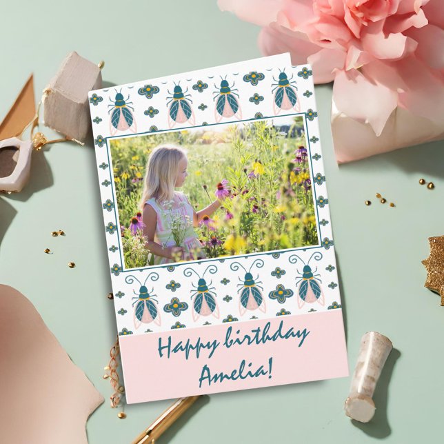 Pink Bugs Flower Pattern Girl Photo Birthday Card (Creator Uploaded)