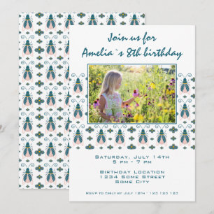 Pink Bugs Flower Pattern Girl Photo Birthday Invitation