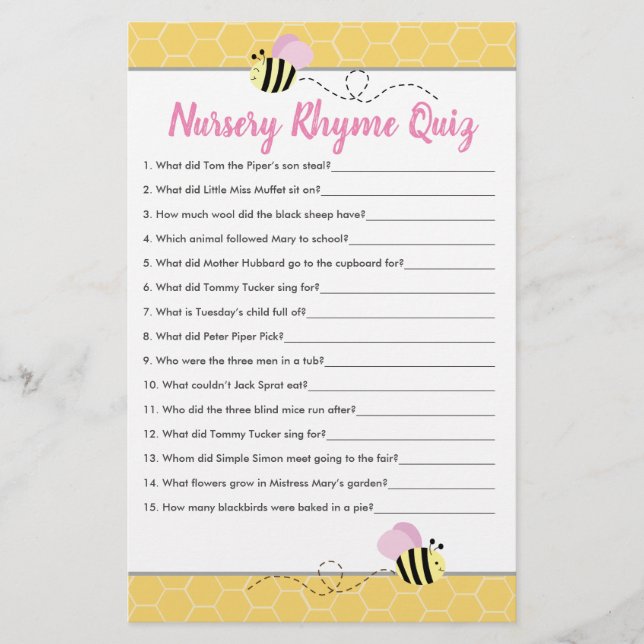 Pink Bumble Bee Baby Shower Nursery Rhyme Quiz (Front)