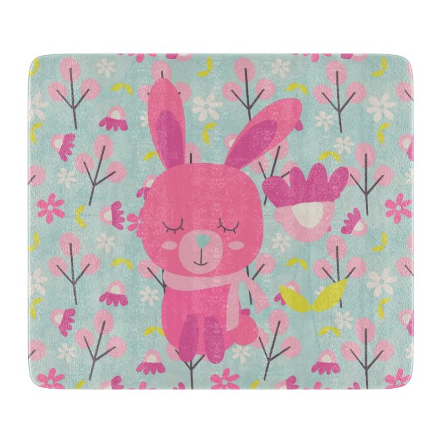 Pink Bunnies and Flowers Cutting Board (Front)