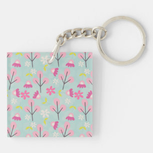 Pink Bunnies and Flowers Key Ring