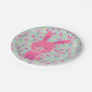 Pink Bunnies and Flowers Paper Plate