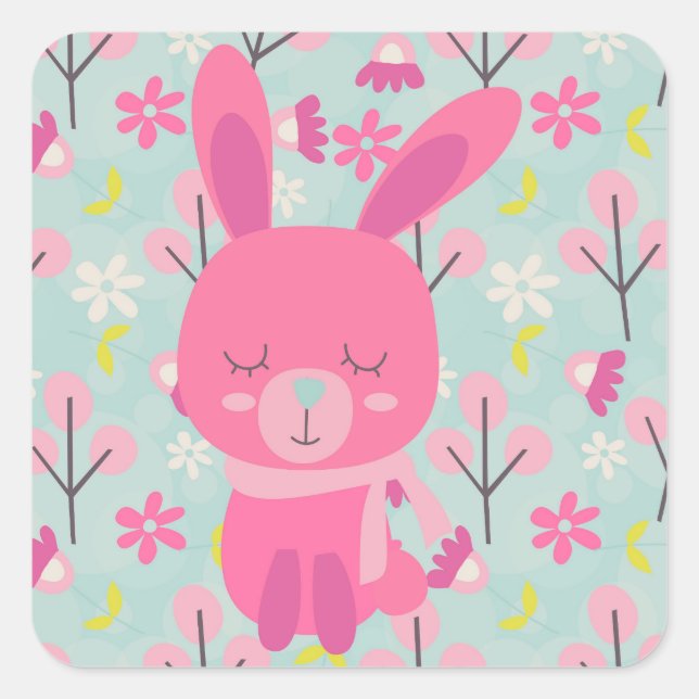 Pink Bunnies and Flowers Square Sticker (Front)