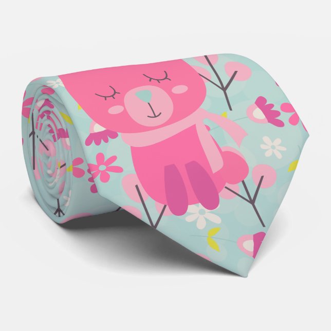 Pink Bunnies and Flowers Tie (Rolled)