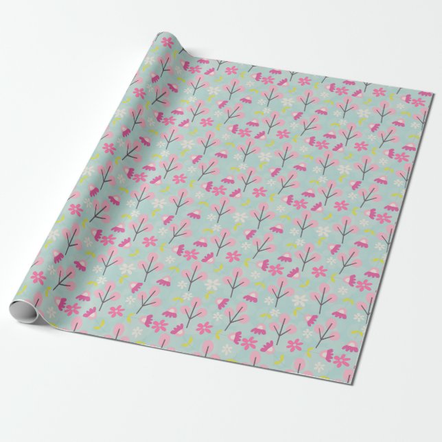 Pink Bunnies and Flowers Wrapping Paper (Unrolled)