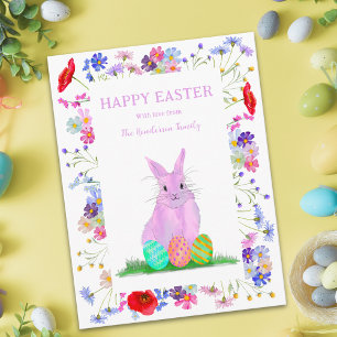 Pink Bunny and Eggs Boho Floral Easter Holiday Postcard